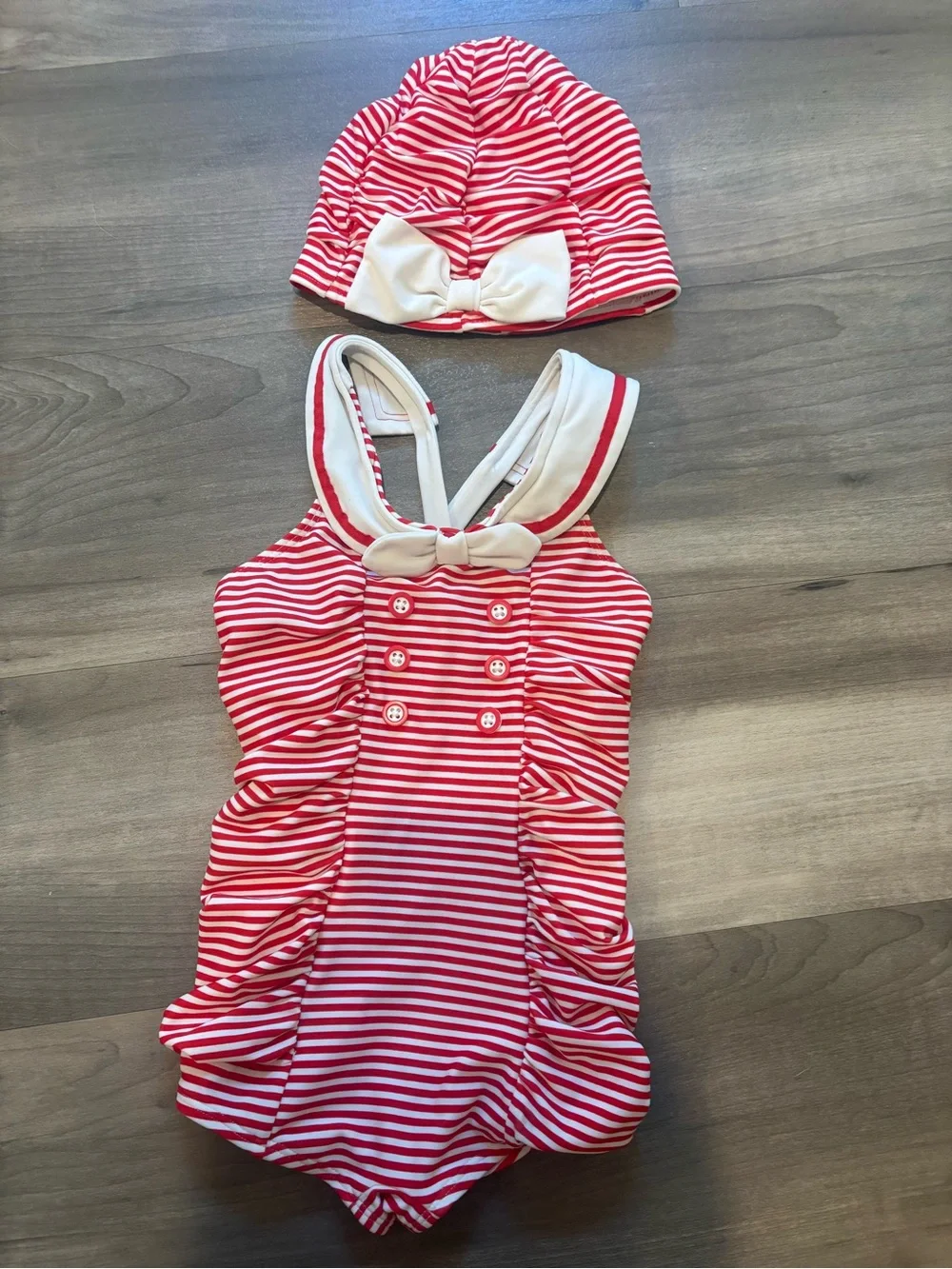 Janie and Jack Red and White Striped Girls' One-Piece Swimsuit with Cap